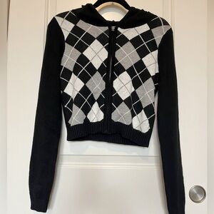 Hollister Argyle Cropped Zip Up Cardigan Sweater